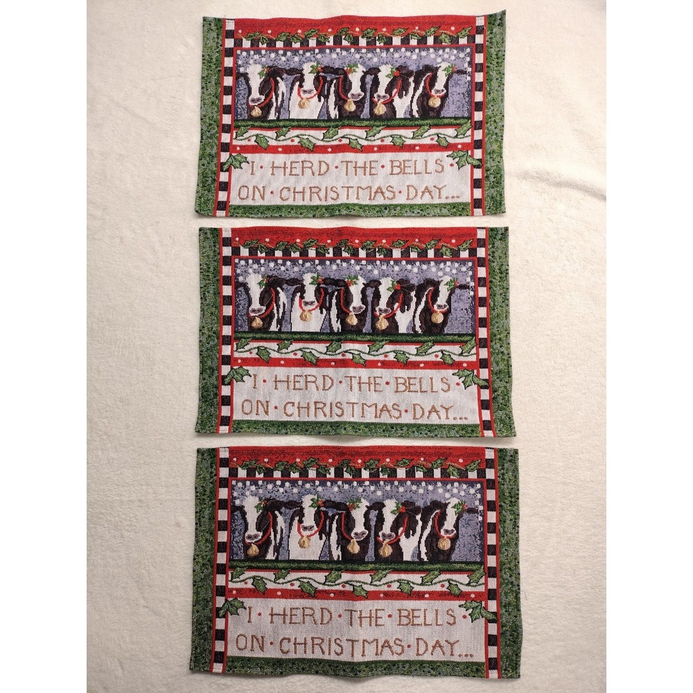 cow placemats I Herd the Bells on Christmas Day tapestry textured holiday decor